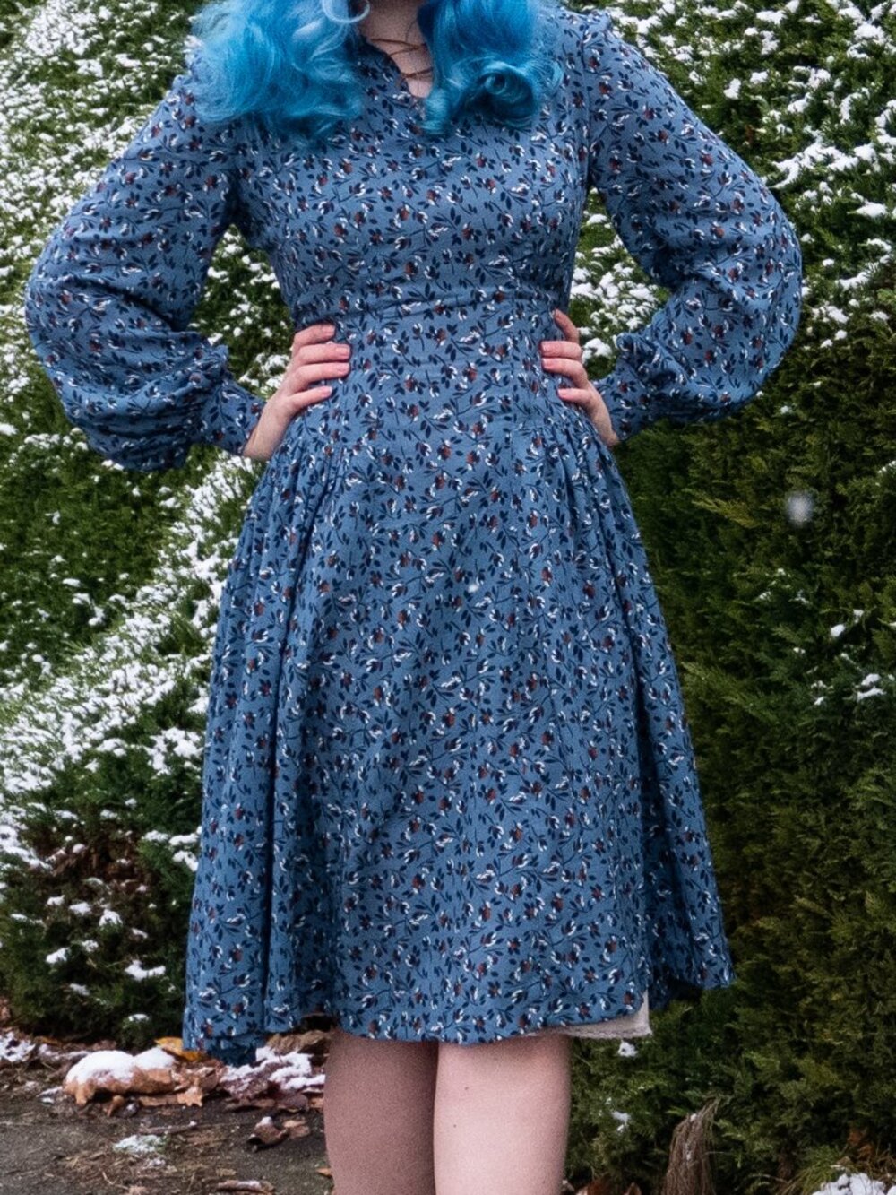 Vintage 1940s Handmade Reproduction Long Sleeve Blue Dress
